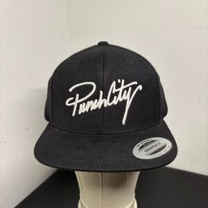 Black Snapback Hat Cap Punch City Spellout Acrylic Wool Blend Made in Korea